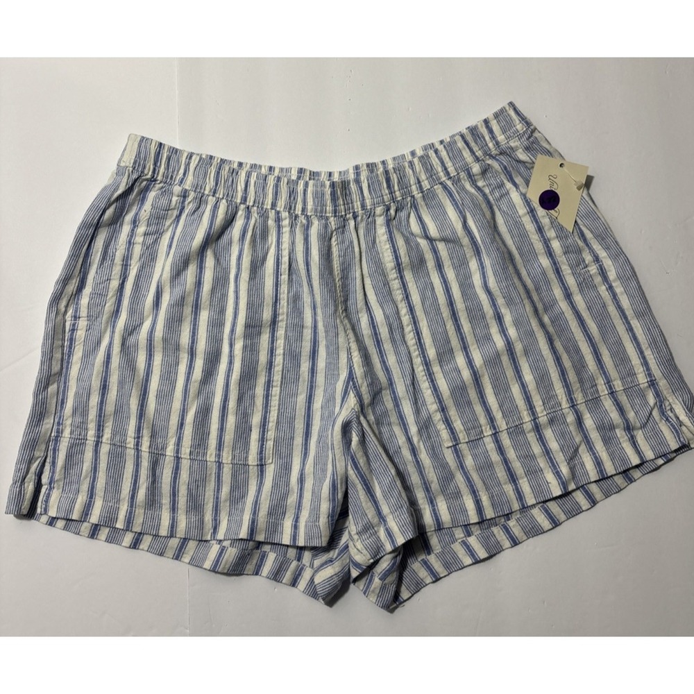 Shorts Woman Size M Blue Stripe High-Rise Linen/Rayon Pull-On elastic waist